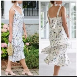 H&M Midi Dress Womens 8‎ Off White Garden Floral Shoulder Straps Bow Ruffle Boho